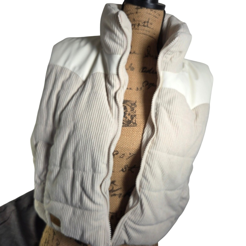 Simply Southern Ladies‎ Cropped Corduroy Puffer Vest L Cream Faux Leather Trim